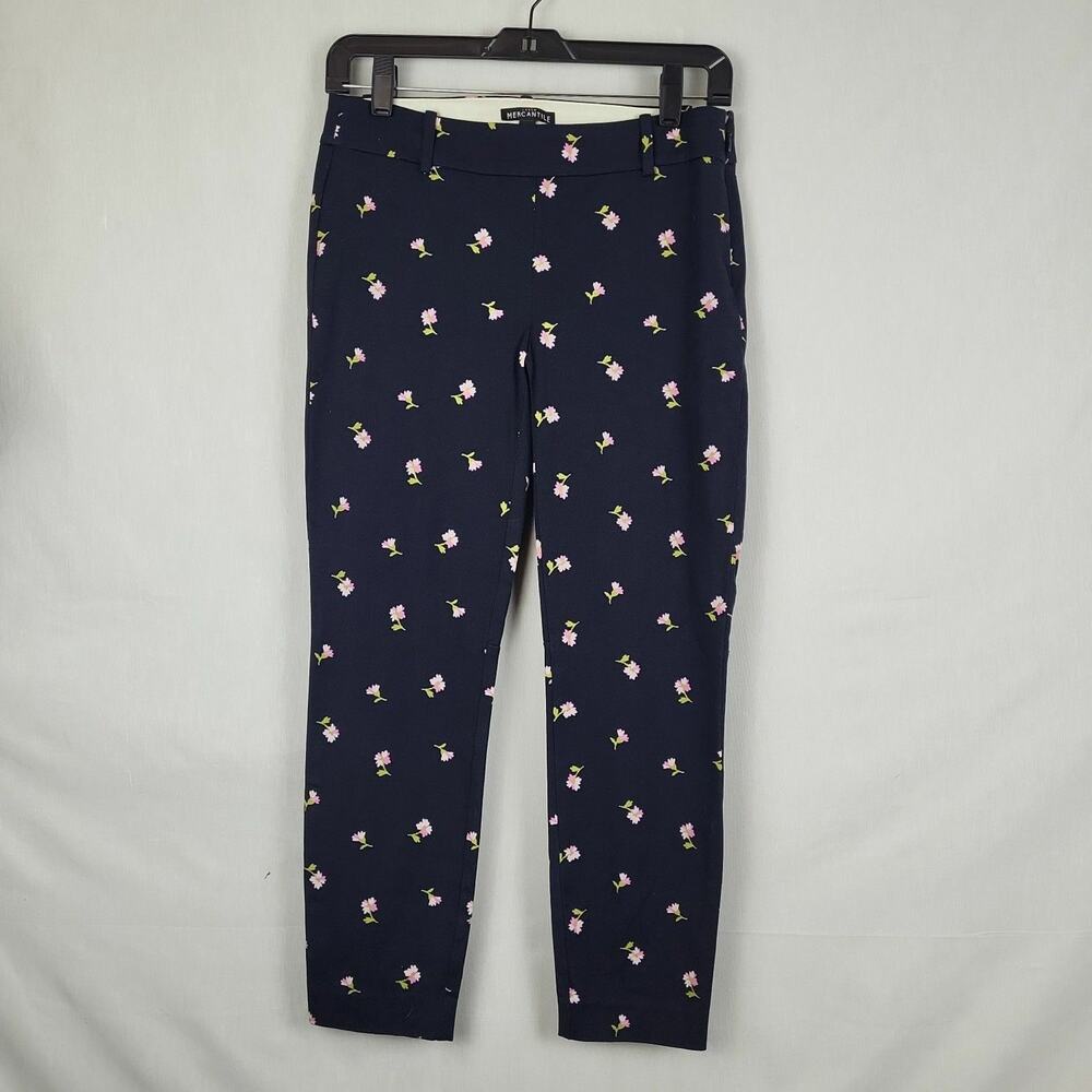 J Crew Mercantile Womens Navy Blue Floral Flat Front Skinny Cropped Pants Size 2